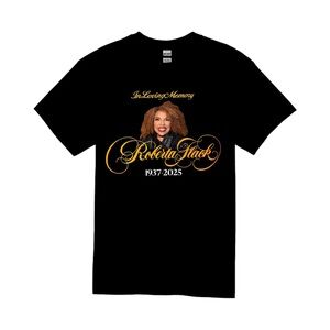 Black Memorial T-Shirt with Gold Text Roberta Flack Memorial